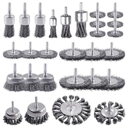 Rocaris 28 Pack Wire Wheel Brush, Carbon Steel & Twist Knot Cup Brush, Wheel Brush, Pen Brush Set with 1/4-Inch Round Shank for Rust Removal, Corrosion and Scrub Surfaces, Grey