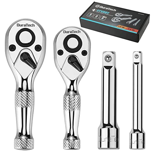 DURATECH Stubby Ratchet Set, 1/4-Inch and 3/8-Inch Ratchets with 2 Extension Bars, 4-piece, 72-T Reversible Quick-Release Head, Chrome Plated Finish and Full Polish - style: 1/4" & 3/8" Single Head Ratchets + Extension Bars