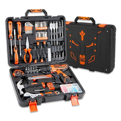 CARTMAN Orange 198-Piece 12V Cordless Drill Tool Combo Kit | Complete DIY repair tools for home, office & garden maintenance, professional household tool set with robot style storage box - style: 198 PC