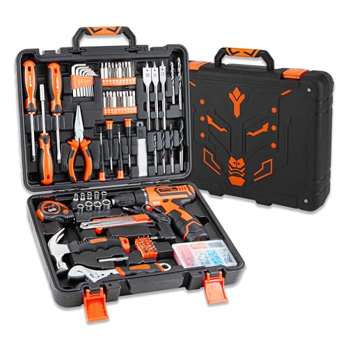 CARTMAN Orange 198-Piece 12V Cordless Drill Tool Combo Kit | Complete DIY repair tools for home, office & garden maintenance, professional household tool set with robot style storage box - style: 198 PC