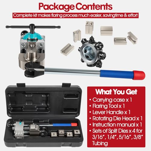 Professional Brake Line Flaring Tool- 45 Degree Set - Single, Bubble, and Double Flare Tool Kit - Used with Various Tubes, with 4 Split Dies for 3/16”, 1/4”, 5/16”, 3/8” Tubing