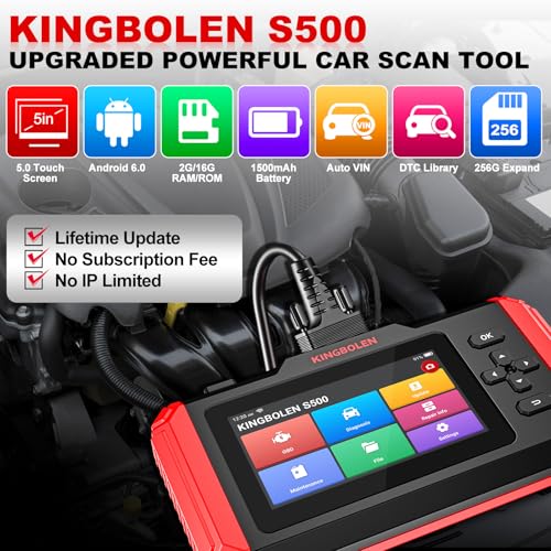 KINGBOLEN OBD2 Scanner S500 Car Scanner, Lifetime NO Cost Update Diagnostic Scan Tool with 6 Reset,Oil/Brake/SAS/Throttle/Inject/ABS Reset, Engine ABS SRS Transmission OBD2 Code Reader, Battery Test | OBD2 Diagnostic Scan Tool with 6 Reset,Oil Brake SAS T
