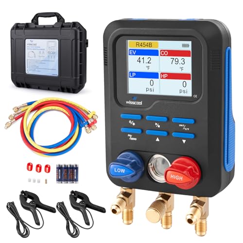 WISSCOOL Digital Manifold Gauges HVAC, R454B R134A R410A R32 AC Gauge Set | Color LED Display, 2 Thermometer Clamp Probes, 3 AC Hoses with Pressure Temp Leak Test for HVAC Automotive AC Charging
