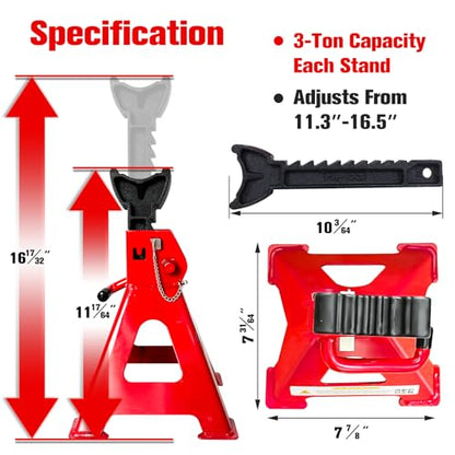 3 Ton Jack Stands (6,600 LBs Capacity) - Heavy Duty Car Jack Stand with Double Pin Locking, 11.22"-16.54" Adjustable Height, Extra Rubber Pads for Trucks, Garage, Vehicle Lifting, 1 Pair Red - color: Red, size: 3 Ton Jack Stands with Rubber Pads