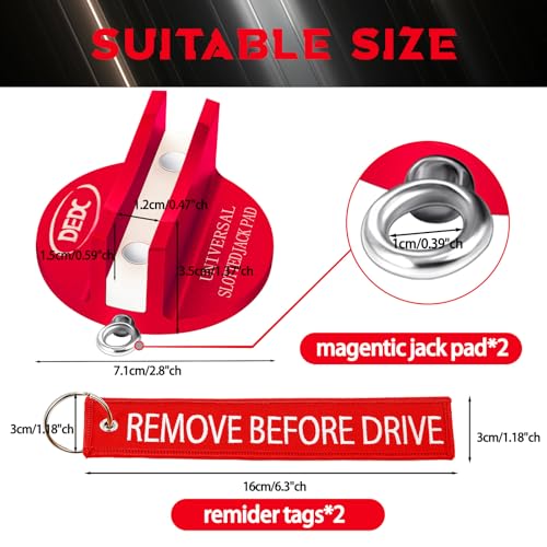 DEDC Universal Pinch Weld Jack Pad 2 Pcs Red, Magnetic Aluminum Jacking Puck Frame Rail Protecotr with 2 Reminder Streamers Compatible, Garage Accessories for Mechanics - color: Red 2 Pcs with 2 Reminder Streamers