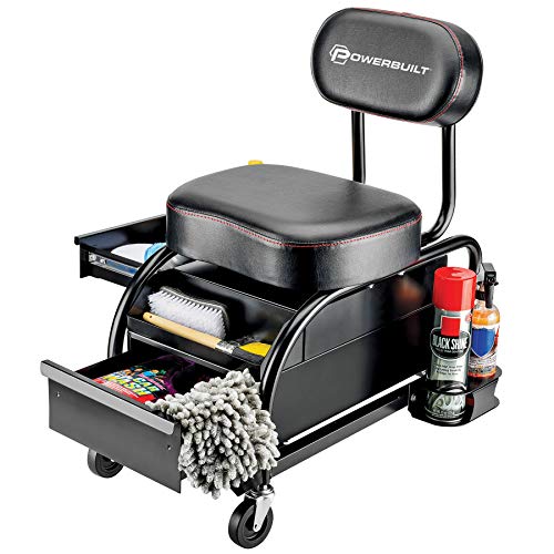 Powerbuilt Professional Car Detailers Mechanics Roller Seat, Heavy Duty Garage Stool with Thick Padded Seat and Backrest, 2 Sliding Storage Drawers, Tool Tray, Can Holders, 3in. Swivel Casters–240299 - style: Heavy Duty