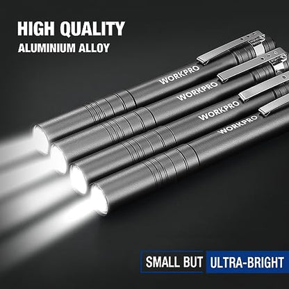 WORKPRO LED Pen Light, Aluminum Pen Flashlights, Pocket Flashlight with Clip for Inspection, Emergency, Everyday, 2AAA Batteries Include, Gray(4-Pack) - color: Gray