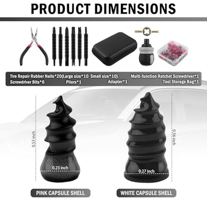 29PCS Tire Plug Kit,Self-Service Tire Repair Rubber Nail Kit Includes Ratchet Screwdriver,Pliers,Screw in Tires Plugs,Universal Tires Repair Kits for Quick Puncture Repairs