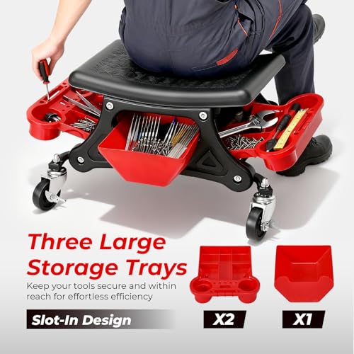 Mechanic Stool with Wheels,300 LBS Capacity Garage Stool | Heavy Duty Rolling Mechanics Seat with Slide Out Tool Trays and Drawer,Tools for Automotive Auto Repair RED