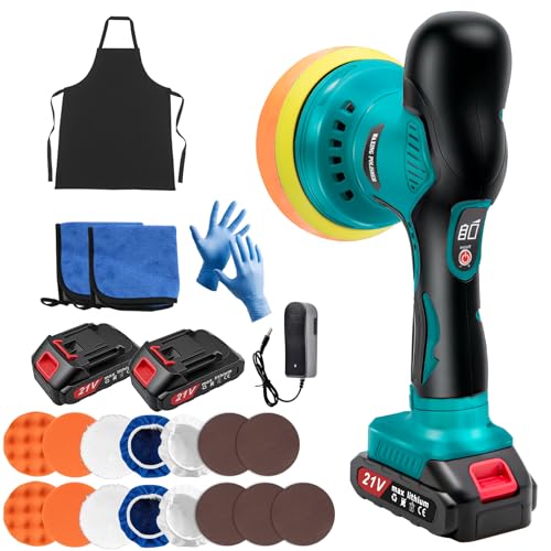 Cordless Car Buffer Polisher Kit with 2x21V Batteries, 6 Inch Car Polisher with 8 Variable Speed Max 6000RPM & 21 PCS Attachments, Buffer Polisher for Car Detailing, Sanding, Scratch Removing