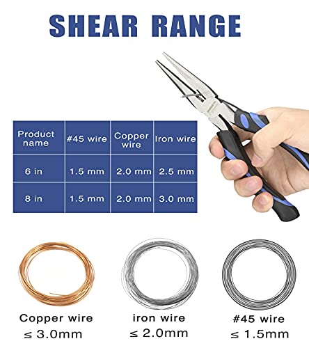 URASISTO 8-Inch Long Needle-Nose Side Cutting Pliers with Heavy Duty Nickel Chromium Steel Construction - size: 8" Long Nose Pliers