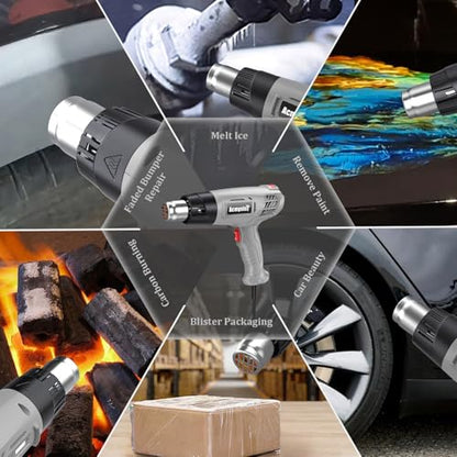 Heat Gun, Variable Temperature Settings 572℉~932℉ (300℃-500℃), Heat Hot Air Gun Overload Protection with 4 Nozzles for Shrinking Wrap, Crafting, Paint Removing, Epoxy Resin (Gray) - color: Gray