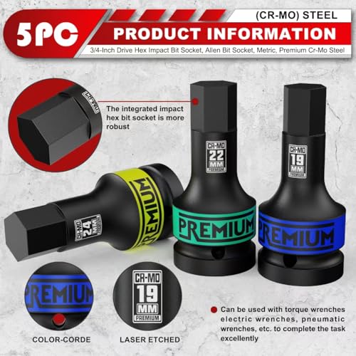3/4" Drive Impact Hex Bit Socket Set, Metric,14mm, 17mm, 19mm, 22mm, 24mm, Impact Allen Bit Socket, Cr-Mo Steel, One-Piece Construction, 5-Pieces - size: 3/4" Hex Metric
