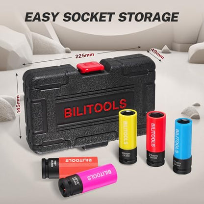BILITOOLS 5pcs Impact Lug Nut Socket Set, 1/2" Drive Non-Marring Thin Wall | Metric 17/19/21mm & SAE 13/16-7/8", Cr-Mo Steel, Thin Wall, 6-Point Flank Drive, Color-Coded, Impact-Rated - style: Lug Nut Socket Set