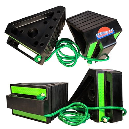 Heavy Duty Rubber Wheel Chocks with Reflective Strips - Set of 4 (8x6x4 Inch) - All-Weather, Non-Slip & Wear-Resistant & Portable Parking Security for Truck, RV, Trailer,SUV (006-Green)