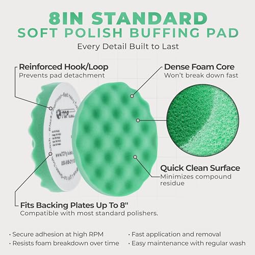 TCP Global 8" Green Waffle Foam Buffing Pad Hook and Loop Backing - Final Cut Pad for Polishing, Automotive, Marine, Truck, RV & Compound Cutting, Car Polishing Pads - color: Green