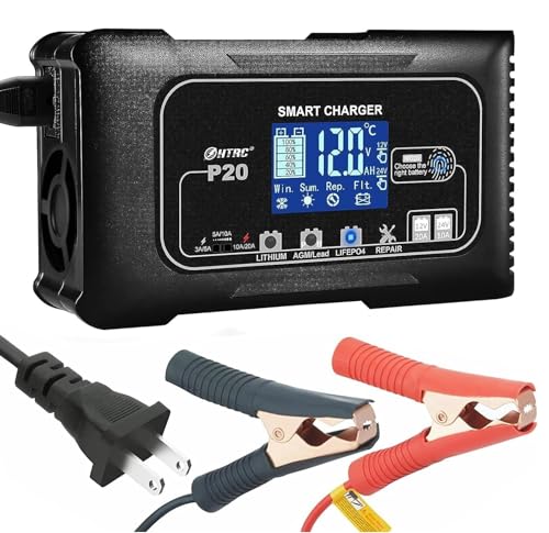 20Amp 12/24V Smart Car Battery Charger Fully Automatic Maintainer, Trickle Charger/Desulfator with Overcharge Protection & Temperature Compensation for LiFePO4 Lead Acid Lithium Batteries