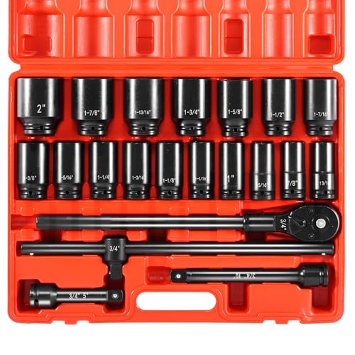 VEVOR Impact Socket Set 3/4 Inches 22 Piece Deep Impact Sockets, 6-Point Sockets, Rugged Construction, CR-V Drive Socket Set Impact SAE 13/16 inch - 2 inch, Includes Carrying Case and Ratchet Handle - style: 3/4" 22PCS