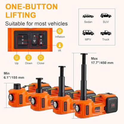 Electric Car Jack Kit 5Ton 12V Hydraulic Car Jack Lift (Lifting Range: 6.1~17.7 inch) with Built-in Inflatable Pump and LED Light, for SUV MPV Sedan Truck Change Tires Garage Repair