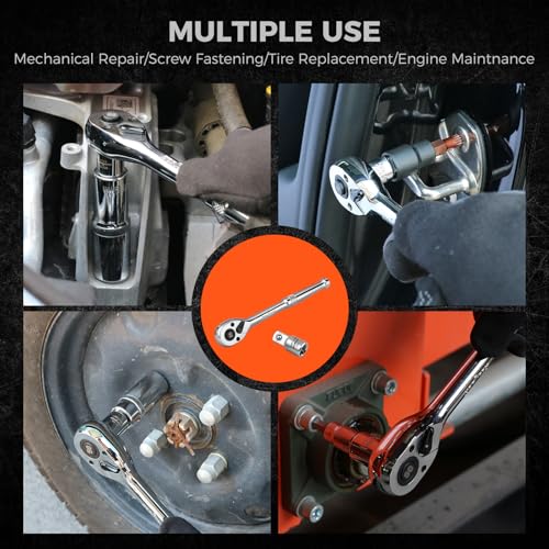 HORUSDY 3/8" Drive 90T Quick-Release Ratchet Handle, Reversible, Chrome Alloy Made, Full Polished, Includes 3/8" to 1/2" Socket Adapter, Ideal for Auto Repair, Home & Industrial Use - style: 3/8" Drive 90T