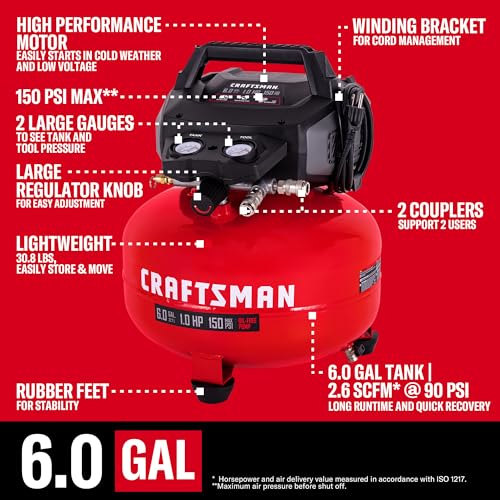 CRAFTSMAN 6-Gal 150 PSI Oil-Free Pancake Air Compressor with 25-ft Hose | 2.6 SCFM at 90 PSI with Dual Couplers for Nailers, Tire Inflation, and Woodworking