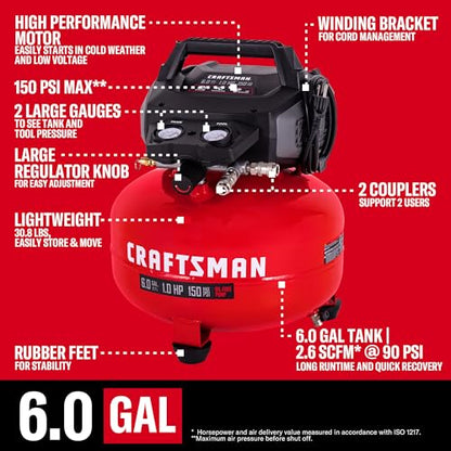 CRAFTSMAN 6-Gal 150 PSI Oil-Free Pancake Air Compressor with 25-ft Hose | 2.6 SCFM at 90 PSI with Dual Couplers for Nailers, Tire Inflation, and Woodworking