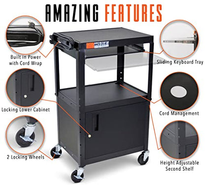 Stand Steady AV Cart with Locking Cabinet, Adjustable Height, UL Certified, Steel Frame, Black - color: Cabinet + Keyboard Tray, size: 24" L x 18" D x 42" H