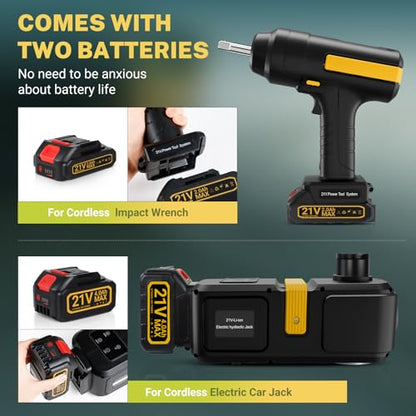 Powerful Electric car Jack and Stand kit - Cordless Hydraulic car Jack Lift with LCD Touch Screen, Lithium Battery & Portable Impact Wrench for Effortless Vehicle Emergencies