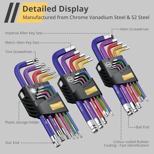 AMTOVL Hex Keys Set - Allen Key Set & Torx Key Set, Metric/Imperial | 27PCS Allen Wrench Set Long Arm Ball Head Design with T-Handle Color Coding 1.5-10mm, T10-T50, 1/16-3/8 - style: 007 - 27PCS Allen wrenches sets