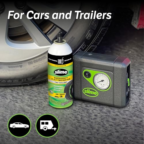 Slime 50165 Flat Tire Puncture Repair, Smart Spair Plus, Emergency Kit for Car Tires, Includes Sealant and Tire Inflator Pump, Suitable for Cars and Other Highway Vehicles, 12 Min Fix - size: Car/Trailer, style: 12 Mins Fix