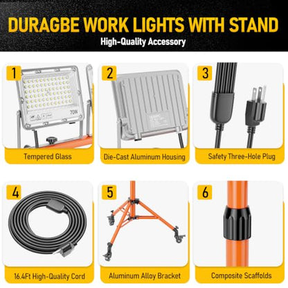 4-Head 32000LM LED Work Light with Stand & Wheel, 280W Tripod Light | 6500K, Adjustable Height, 360° rotation, IP66, Foldable, Individual Switch Light, Suitable to Job Site, Construction, Garage - color: Orange