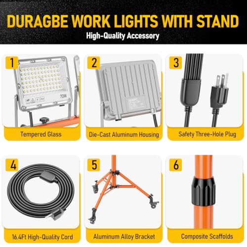4-Head 32000LM LED Work Light with Stand & Wheel, 280W Tripod Light | 6500K, Adjustable Height, 360° rotation, IP66, Foldable, Individual Switch Light, Suitable to Job Site, Construction, Garage - color: Bright Orange