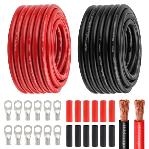 6 Awg Battery Power Cable -30FT Red + 30FT Black 6 Gauge Flexible Welding Cable OFC Copper Wire with Lugs Terminal Connectors and Heat Shrink Tube for Automotive, Battery, Inverter,Boat and Generator - color: Red+black-30ft, size: 6AWG