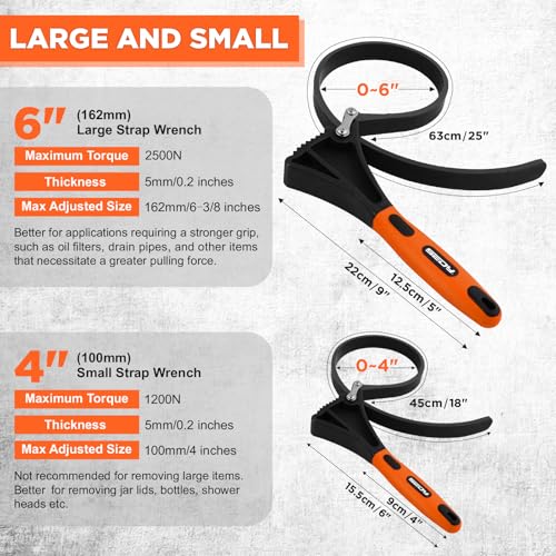 2-Piece Strap Wrench Set, Adjustable Rubber Oil Filter Wrench Max Diameter 4" and 6", Jar Opener Set Heavy Duty Blet Wrenches for Drain Sewer Cap Sink Pliers Nut Shower Head Valve Removal - style: 2-Pc Strap Wrench Set - Orange