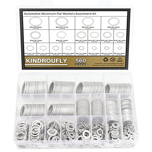 560 Pieces Automotive Drain Plug Gaskets, Oil Crush Washers, Kindroufly 18 Sizes Aluminum Flat Washers Assortment Set (M6 to M24)