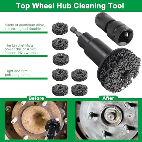 FLYPIG Wheel Hub Cleaning Tool, Wheel Stud Cleaner Resurfacing Tool Kit | Stud Removal Tool With 8 Pads, Quick Rust Removal On Lug Studs And Brake Rotors, For 1/2" Driven Wrenches Or Electric Drills
