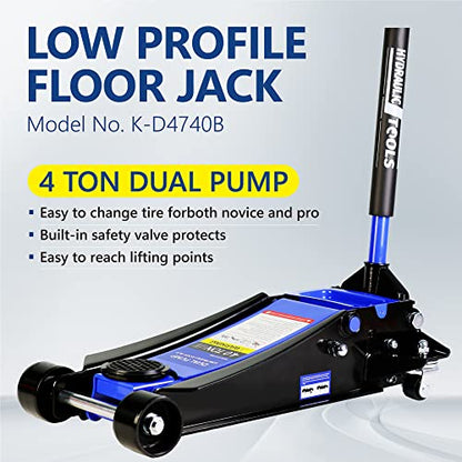 4T Low Profile Steel Floor Jack, 8000 lb, Dual Pump, 4"-21" Lift | Heavy-duty steel, dual-piston quick lift, low profile, 4"-21" range, overload safety protection. - size: 4T Dual Pump 4"-21"
