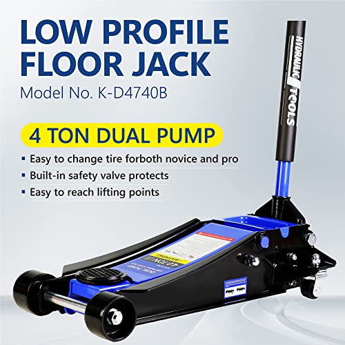 4T Low Profile Steel Floor Jack, 8000 lb, Dual Pump, 4"-21" Lift | Heavy-duty steel, dual-piston quick lift, low profile, 4"-21" range, overload safety protection. - size: 4T Dual Pump 4"-21"