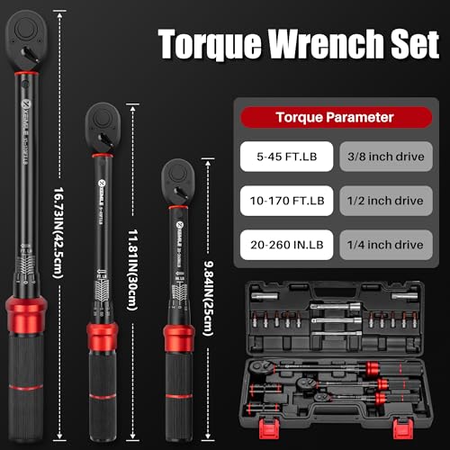 20Pcs 1/4 3/8 1/2-inch Drive Click Torque Wrench Set for Car Moto | Inch Pound Torque Wrench with Sockets (20-260 in.lb,5-45 ft.lb,10-170 ft.lb), Dual-Direction 72T, 3% Precision for Bike DIY - size: 260In.Lb,45Ft.Lb,170fFt.Lb