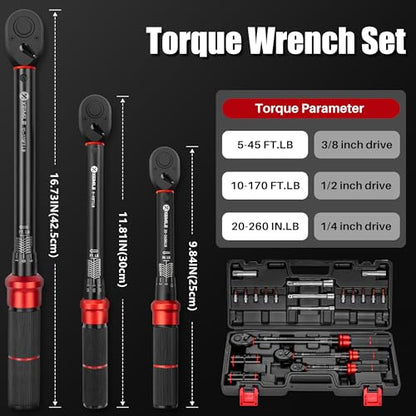 20Pcs 1/4 3/8 1/2-inch Drive Click Torque Wrench Set for Car Moto | Inch Pound Torque Wrench with Sockets (20-260 in.lb,5-45 ft.lb,10-170 ft.lb), Dual-Direction 72T, 3% Precision for Bike DIY - size: 260In.Lb,45Ft.Lb,170fFt.Lb