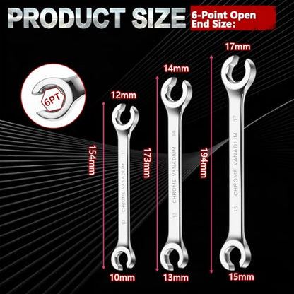 Flare Nut Wrench Set, 10x12mm，13x14mm, 15x17mm Double Open End Metric Wrench Kit 3 Size for Removing and Replacing Nuts for Automotive Repairs and Household Maintenance - size: 3 Size