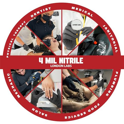 London Labs Synsafe 4 Mil - Black Nitrile Exam Gloves –Disposable Latex Free & Powder Free – Extra Strong, Rubber Gloves – First Aid Kit, Medical, EMT, Cleaning, Cooking | Pack of (200 ct) - size: X-Small, style: 200 Count