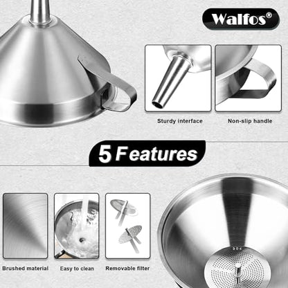 Walfos Extra Large Stainless Steel Funnel with Venting Slot, Kitchen Funnel with 2 Removable Strainer ＆ 1Pc Cleaning Brush, Perfect for Transferring Liquid, Oils, Jam, Dry Ingredients (Jumbo, 7.9") - color: 7.9in Jumbo Funnel