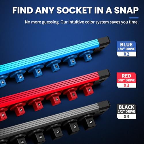 8PC Magnetic Socket Organizer Set, for 1/2″ 3/8″ 1/4″ Drive with 3 Black 3 Red 2 Blue Trays, 360° Swivel Removable Clips, Heavy Duty Aluminum Alloy Rail for Tool Box Drawer