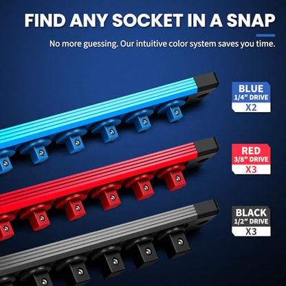8PC Magnetic Socket Organizer Set, for 1/2″ 3/8″ 1/4″ Drive with 3 Black 3 Red 2 Blue Trays, 360° Swivel Removable Clips, Heavy Duty Aluminum Alloy Rail for Tool Box Drawer