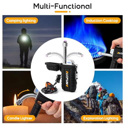 LcFun Electric Dual Arc Lighter USB Rechargeable, Windproof Plasma Lighters with LED Battery Indicator, Waterproof Flashlight Lighter with Whistle Lanyard for Camping, Survival Gear - color: Black Pro