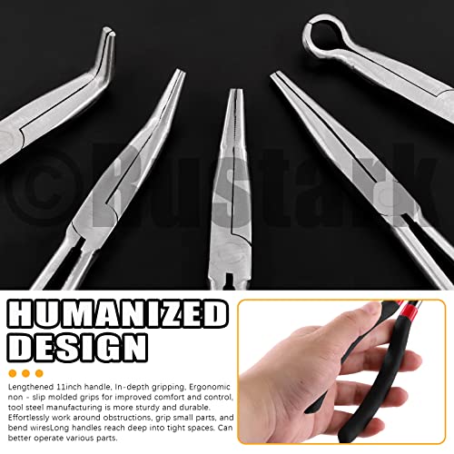 5Pcs 11 inch Long Needle Nose Pliers Set Automotive Heavy Duty Long Reach Hose Pliers - Straight, 25, 45, 90 Degree Angle, Circle for Easy Removing and Installing Spring Clips Lines Hoses