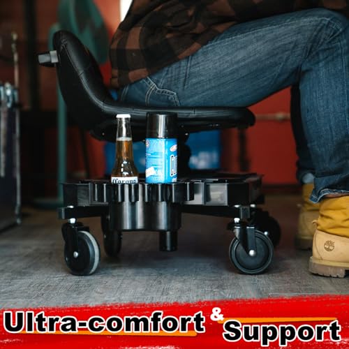 Rolling Stool with Wheels, Adjustable Height Pneumatic Garage Work Mechanic Stool Seat with Backrest, 400 LBS Capacity 360° Swivel Mechanic Crepper Chair with Tool Tray Storage, Red - color: Red