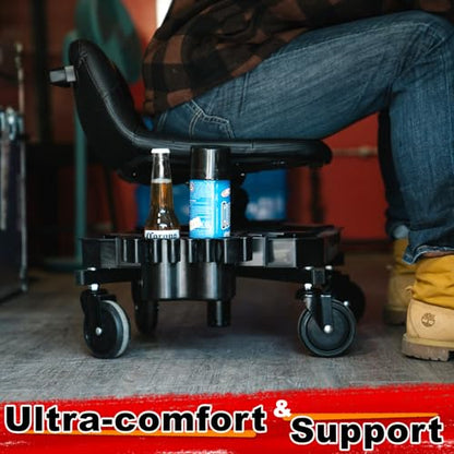 Rolling Stool with Wheels, Adjustable Height Pneumatic Garage Work Mechanic Stool Seat with Backrest, 400 LBS Capacity 360° Swivel Mechanic Crepper Chair with Tool Tray Storage, Red - color: Red