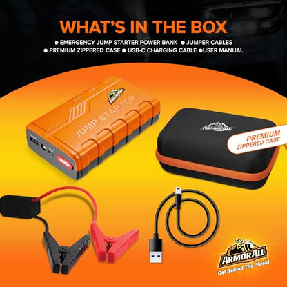 Armor All Car Jump Starter Emergency Power Bank Kit, 800 Amp Peak, 2.4 Amp Phone Charge USB Port, LED Light, Strobe, SOS, Overcharge & Discharge Protection, 7200mAh, For Cars Trucks Motorcycles & More